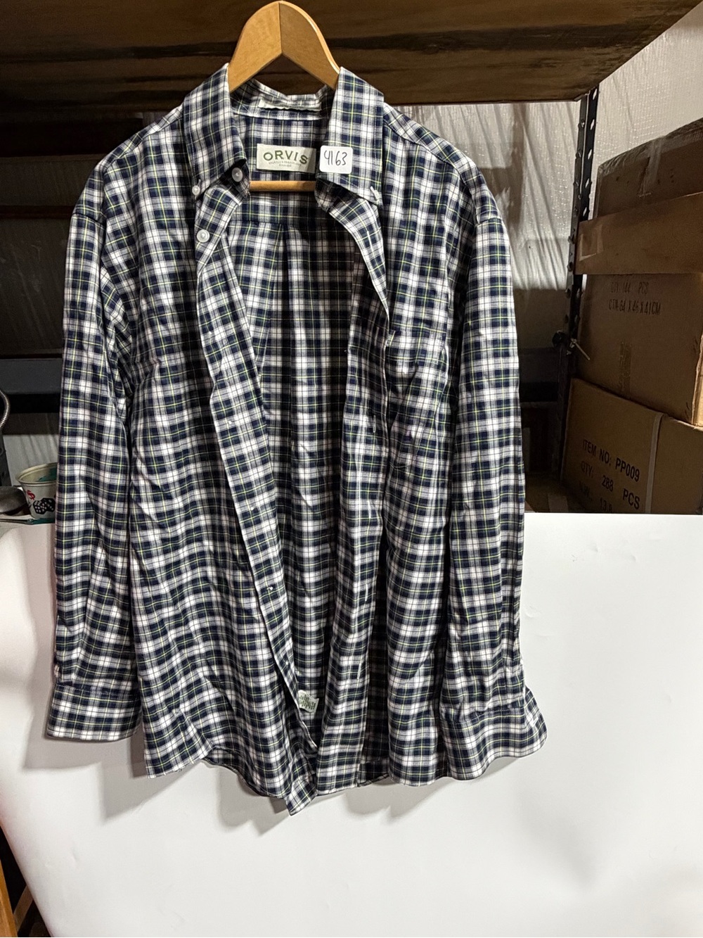 #4163-Orvis Men's Navy and White Plaid Button-Down Shirt